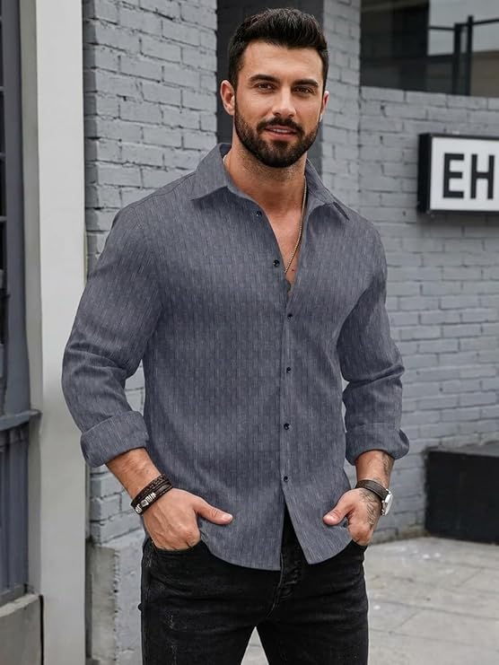 DEELMO Men's Regular Fit Button Down Dress Shirts Textured Long Sleeve Casual Hawaiian Shirt - Image 2