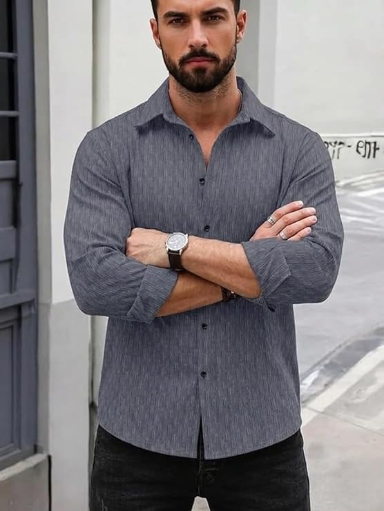 DEELMO Men's Regular Fit Button Down Dress Shirts Textured Long Sleeve Casual Hawaiian Shirt - Image 3