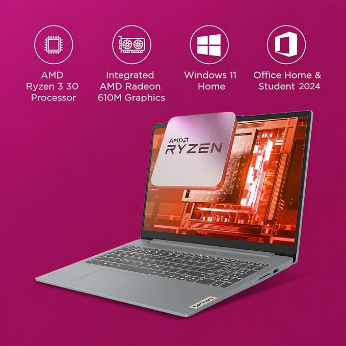 Lenovo IdeaPad Slim 3 Ryzen 3 30 15.6" (39.6cm) FHD Thin and Light Laptop (8GB RAM/512GB SSD/AMD Radeon 610M Graphics/Windows 11/Office 2024/Grey/1.6Kg), 82XQ01VYIN - Image 3
